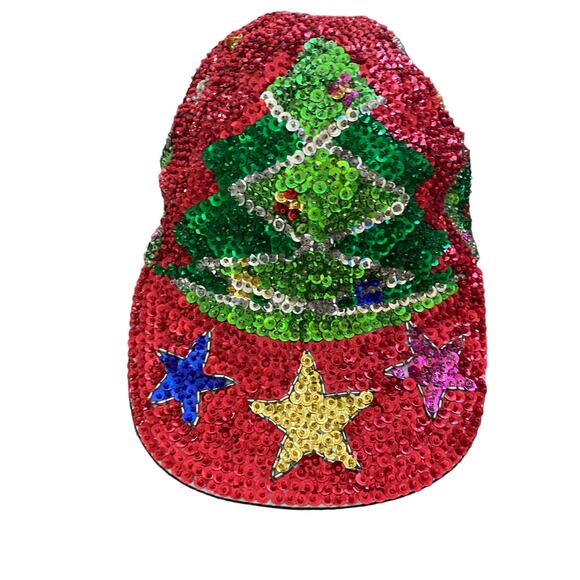 Sequin All over Christmas Tree Stars Ornaments Glam Bling Baseball Cap Hat - Picture 1 of 7